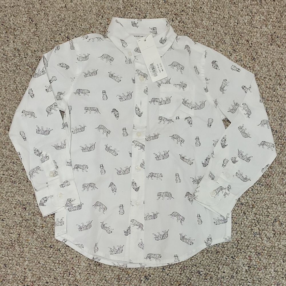 Janie and Jack White Tiger Print Button Down Shirt, Boy's Sz 4. New With Tags